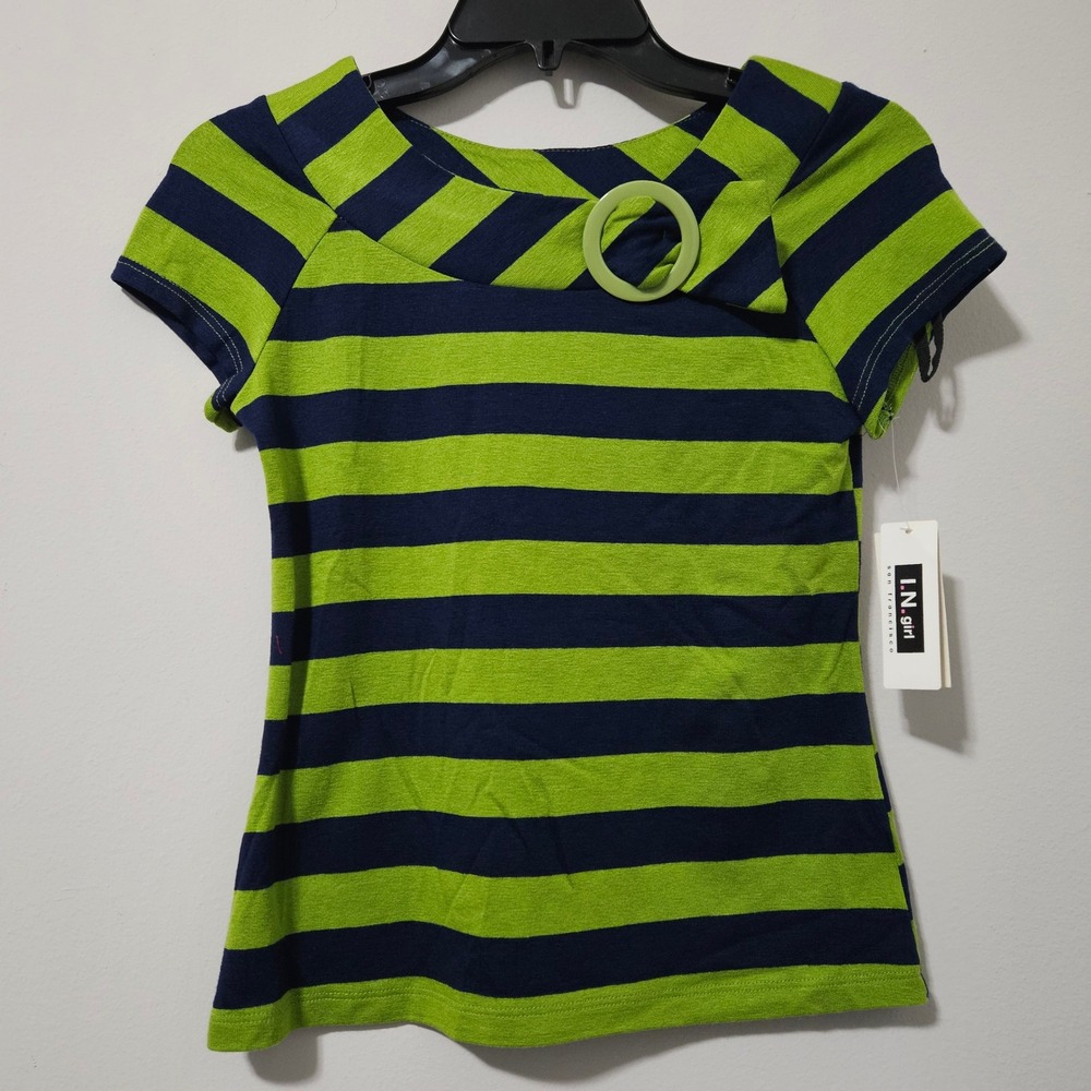 I.N. girl San Francisco Striped Knit Top Navy Lime Green Ring Neck L NWT